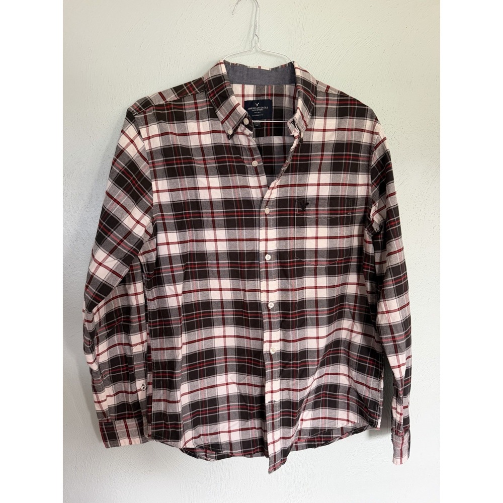 American Eagle Classic Fit Button-Down Red Plaid Flannel Shirt Mens Sz L